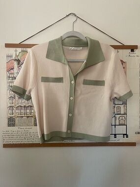 Oak & Fort Cream & Sage Contrast Trim Polo Sweater Button Cardigan in M